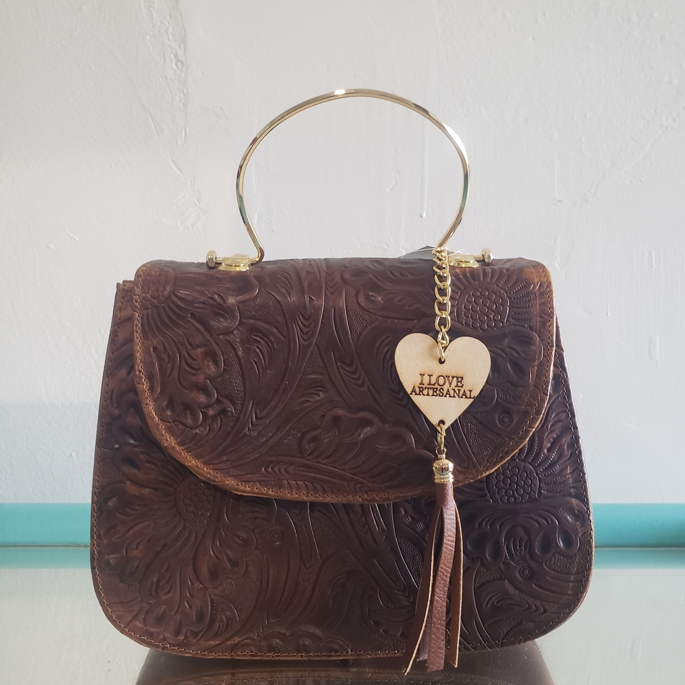 Artisanal Embossed Brown Leather Satchel And Crossbody.